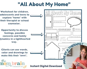 All About My Home, Printable Therapy Worksheet, Child and Teen Counseling Intake Activity Coloring Play Therapy School Guidance Social Work