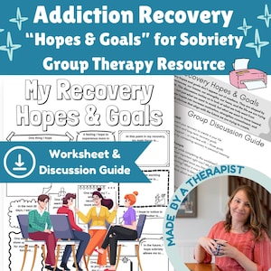 Puede incluir: Una hoja de trabajo y una guía de discusión titulada "Mis esperanzas y metas de recuperación" para terapia de grupo. El diseño turquesa y blanco incluye indicaciones para la reflexión sobre la recuperación. La imagen también presenta una ilustración de un grupo de terapia.