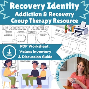 Puede incluir: Un gráfico turquesa y blanco con el texto "Recovery Identity Addiction & Recovery Group Therapy Resource". La imagen incluye una hoja de trabajo en PDF, un inventario de valores y una guía de discusión. Hay ilustraciones de personas y un terapeuta.
