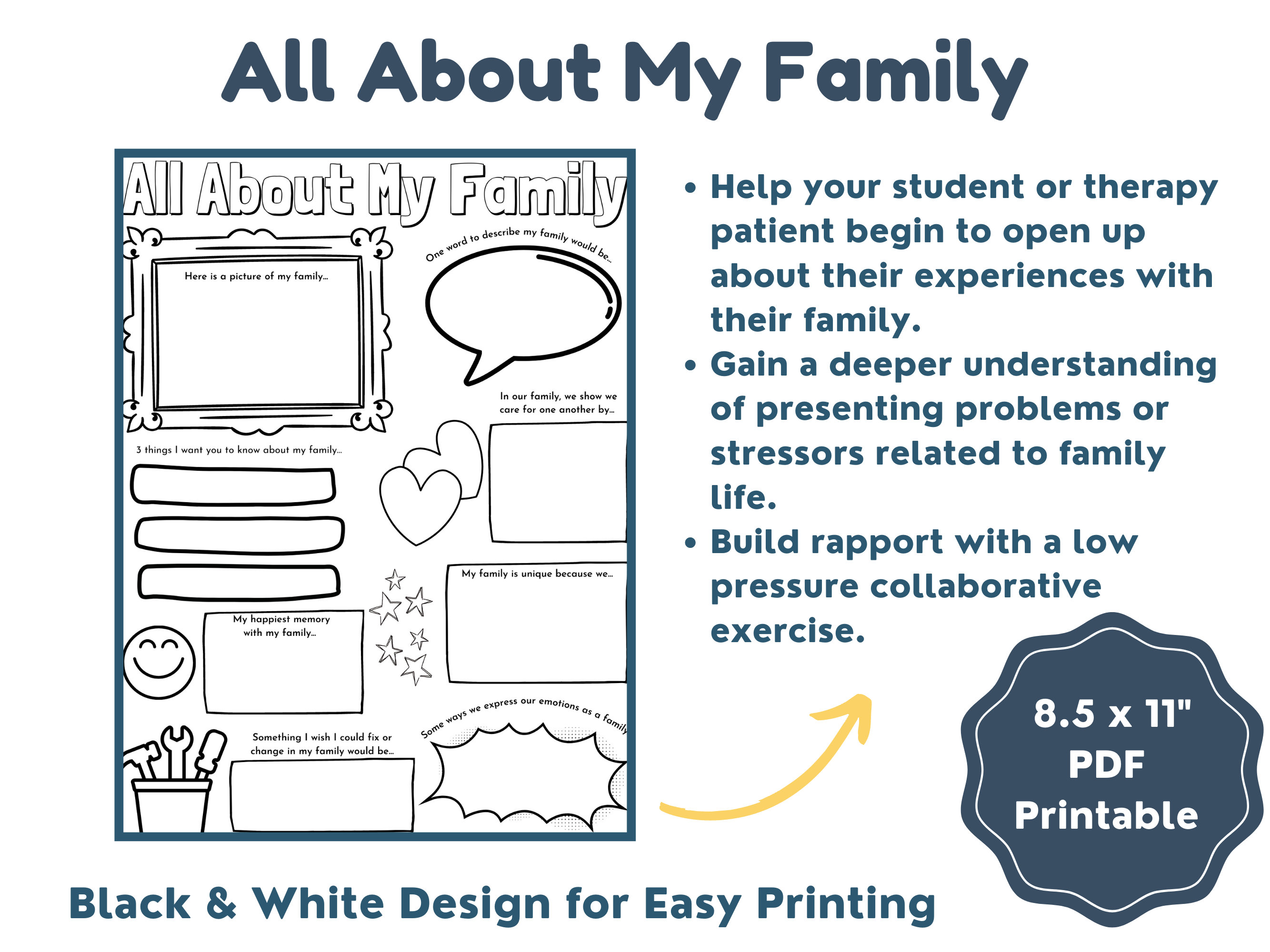 All About My Family, Printable Therapy Worksheet, Child Counseling Intake Activity Coloring Play