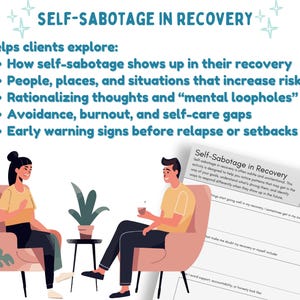 K&ouml;nnte beinhalten: Illustration einer Beratungssitzung zum Thema Selbstsabotage in der Genesung. Das Bild enth&auml;lt Text zur Erforschung von Selbstsabotage, Risikofaktoren und Fr&uuml;hwarnzeichen. Die Szene zeigt zwei Personen, St&uuml;hle und Pflanzen.
