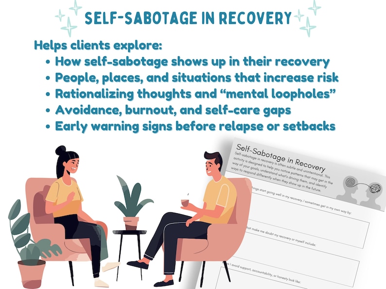 K&ouml;nnte beinhalten: Illustration einer Beratungssitzung zum Thema Selbstsabotage in der Genesung. Das Bild enth&auml;lt Text zur Erforschung von Selbstsabotage, Risikofaktoren und Fr&uuml;hwarnzeichen. Die Szene zeigt zwei Personen, St&uuml;hle und Pflanzen.