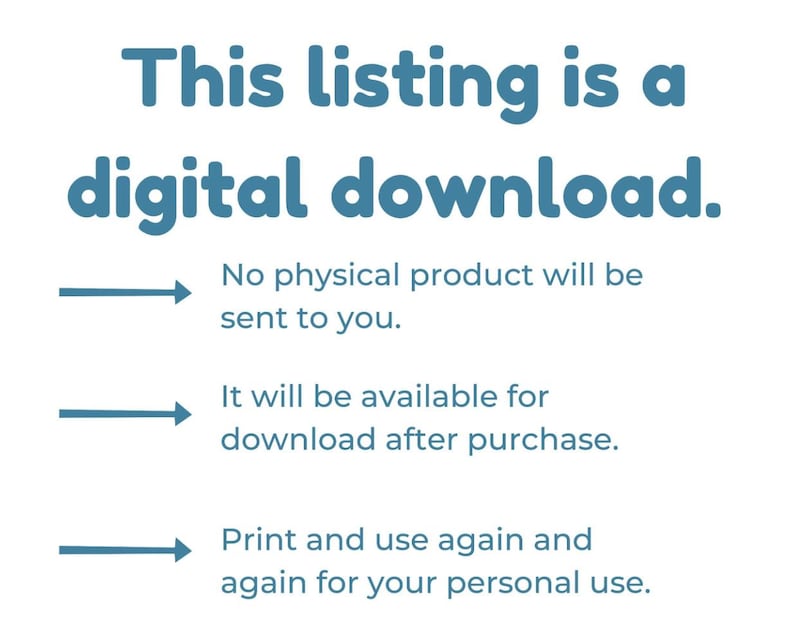 K&ouml;nnte beinhalten: Bild mit Text: "Dieser Eintrag ist ein digitaler Download." Es wird angegeben, dass kein physisches Produkt versendet wird, das nach dem Kauf zum Download verf&uuml;gbar ist und f&uuml;r den pers&ouml;nlichen Gebrauch gedruckt und wiederverwendet werden kann. Der Text ist blau.