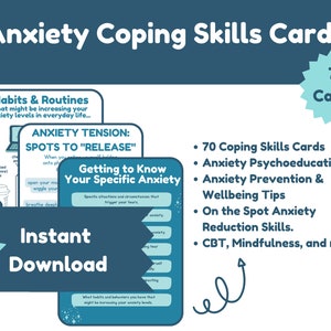 FlashCards de habilidades de enfrentamento de ansiedade, recurso de terapia, alívio de ansiedade, TCC, atenção plena, consultório de terapeuta, psicoeducação, adolescente, terapia de adultos