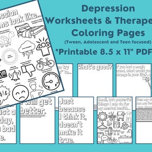 Depression Therapy Worksheets- Tween Adolescent Teen Mental Health Counseling and School Guidance Digital Download Printable Bundle