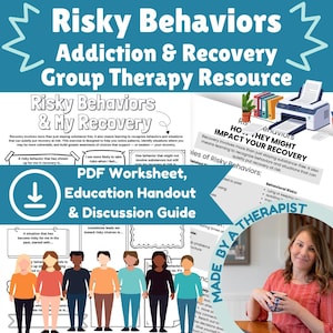 Può includere: Una grafica turchese e bianca con il testo "Risky Behaviors Addiction & Recovery Group Therapy Resource". L'immagine include un foglio di lavoro, un opuscolo didattico e una guida alla discussione. Ci sono illustrazioni di persone e un terapista.