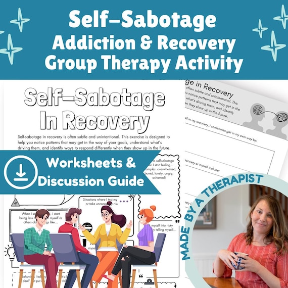 Self-Sabotage Addiction Recovery Group Therapy Worksheet Activity and Bundle Discussion Guide for Substance Use Counseling and Programs