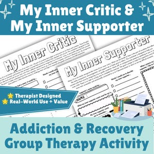 Könnte beinhalten: Ein druckbares Therapie-Arbeitsblatt mit dem Titel My Inner Critic and My Inner Supporter. Das Dokument enthält Abschnitte zum Schreiben von Namen, Beschreibungen und persönlichen Reflexionen. Es enthält eine Grafik eines Druckers.