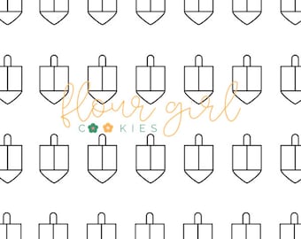 Könnte beinhalten: Ein sich wiederholendes Muster aus schwarz-weißen Dreidel-Illustrationen. Die Dreidel sind mit einem einfachen Design umrandet, das einen quadratischen oberen Teil, einen rechteckigen Körper und eine spitz zulaufende Basis aufweist. Das Bild enthält den Text "Flour Girl Cookies".