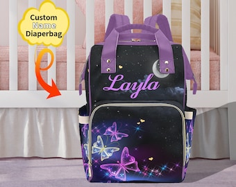 Personalized Purple Butterfly Diaper Bag Backpack, Large Capacity