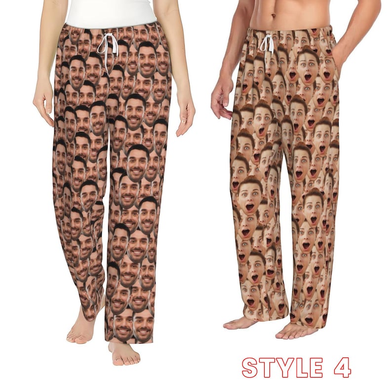 May include: A pair of brown and tan pyjama trousers with a pattern of repeated faces. The trousers have an elastic waistband and a drawstring.