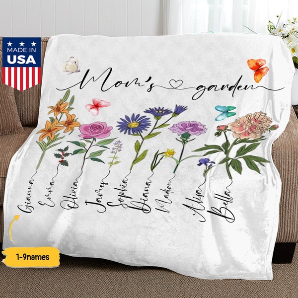 Couverture de jardin personnalisée pour maman, couverture pour maman avec nom d'enfant, couverture personnalisée avec fleurs de naissance, cadeau pour maman d'une fille/un fils, cadeaux pour la fête des mères pour maman