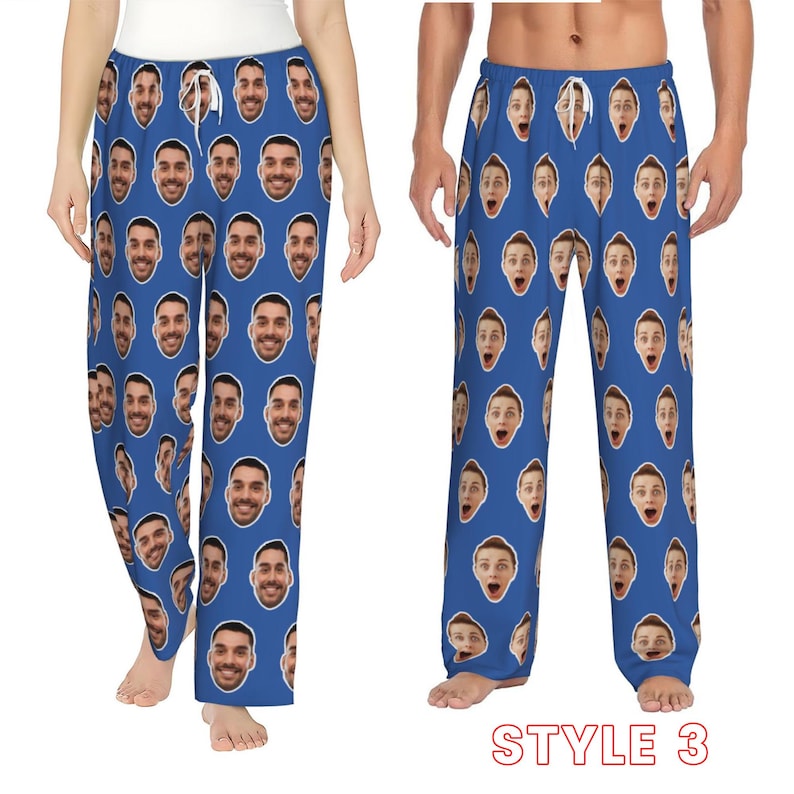 May include: A pair of blue pyjamas with a repeated pattern of a person's face. The pyjamas are shown on two models, one male and one female. The text "STYLE 3" is at the bottom of the image.
