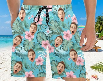 Custom Face Swim Trunks, Personalized Hawaiian Floral Board Shorts