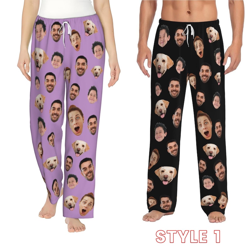 May include: Two pairs of pyjama trousers with a purple and black background. The trousers are covered in a pattern of faces and dogs. The text "STYLE 1" is at the bottom of the image.