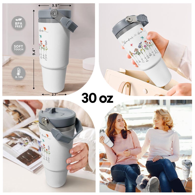 Puede incluir: Una taza de viaje de acero inoxidable blanca de 30 onzas con un dise&ntilde;o floral y el texto "Grandma's Garden". La taza tiene una tapa y un asa grises. Es libre de BPA y mantiene las bebidas fr&iacute;as durante 8-10 horas.