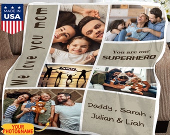 Custom Photo Blanket, Superhero Mom Gift, Personalized Family Keepsake