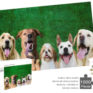 May include: A 1000 piece jigsaw puzzle featuring five dogs with their tongues sticking out. The dogs are a brown and white dog, a white dog, a brown dog, a white dog, and a white and brown dog. The puzzle is set against a green grass background. The box for the puzzle has the text "Early Education, Develop Intelligence, Manual Capability, Social Skills" and "1000 Pieces".