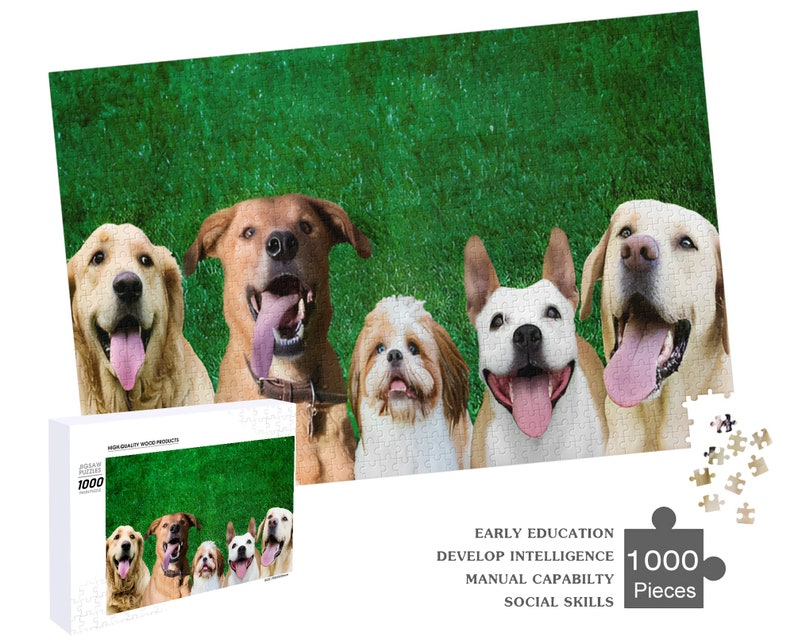 May include: A 1000 piece jigsaw puzzle featuring five dogs with their tongues sticking out. The dogs are a brown and white dog, a white dog, a brown dog, a white dog, and a white and brown dog. The puzzle is set against a green grass background. The box for the puzzle has the text "Early Education, Develop Intelligence, Manual Capability, Social Skills" and "1000 Pieces".