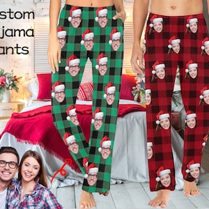 Custom Christmas Plaid Pajama Pants, Personalized Photo Gift