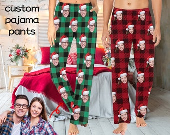 Pantalon pyjama de Noël personnalisé, pyjama pantalon à carreaux personnalisé, pantalon Pj personnalisé, pyjama photo, pyjama visage, cadeau photo de Noël pour elle lui