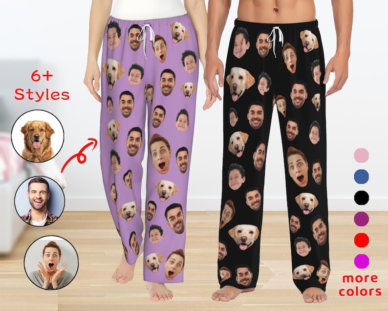 May include: Purple and black pyjama pants with a pattern of faces and dogs. The text "6+ Styles" and "more colours" is visible on the image.