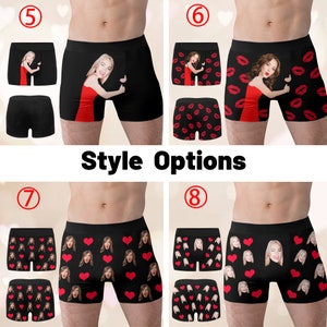 Peut inclure: Quatre styles diff&eacute;rents de sous-v&ecirc;tements avec une vari&eacute;t&eacute; de motifs. Les motifs comprennent des c&oelig;urs, des l&egrave;vres et une image r&eacute;p&eacute;t&eacute;e du visage d'une personne. Les sous-v&ecirc;tements sont noirs avec une bordure rouge.