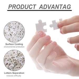 May include: Two white puzzle pieces are being joined together. The pieces have letters on them. The image shows the benefits of a puzzle with surface coating and letter separation.