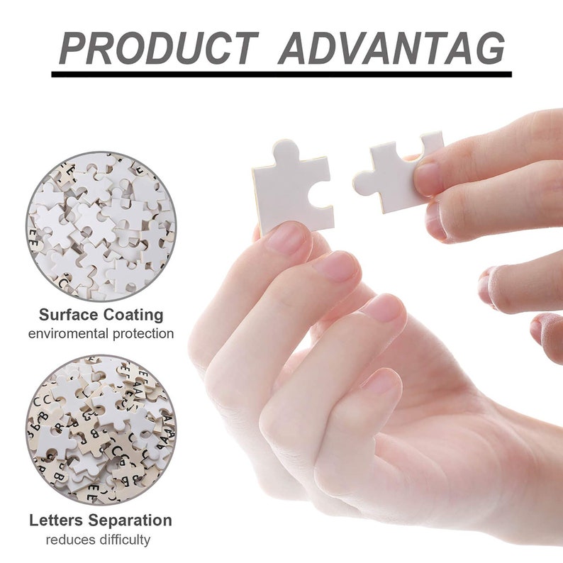 May include: Two white puzzle pieces are being joined together. The pieces have letters on them. The image shows the benefits of a puzzle with surface coating and letter separation.