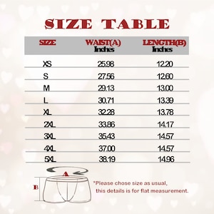 Peut inclure: Tableau des tailles pour sous-v&ecirc;tements avec des mesures en pouces pour la taille et la longueur. Les tailles vont du XS au 5XL.  *Veuillez choisir la taille habituelle, ces d&eacute;tails sont pour une mesure &agrave; plat.*