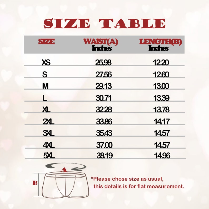 Peut inclure: Tableau des tailles pour sous-v&ecirc;tements avec des mesures en pouces pour la taille et la longueur. Les tailles vont du XS au 5XL.  *Veuillez choisir la taille habituelle, ces d&eacute;tails sont pour une mesure &agrave; plat.*