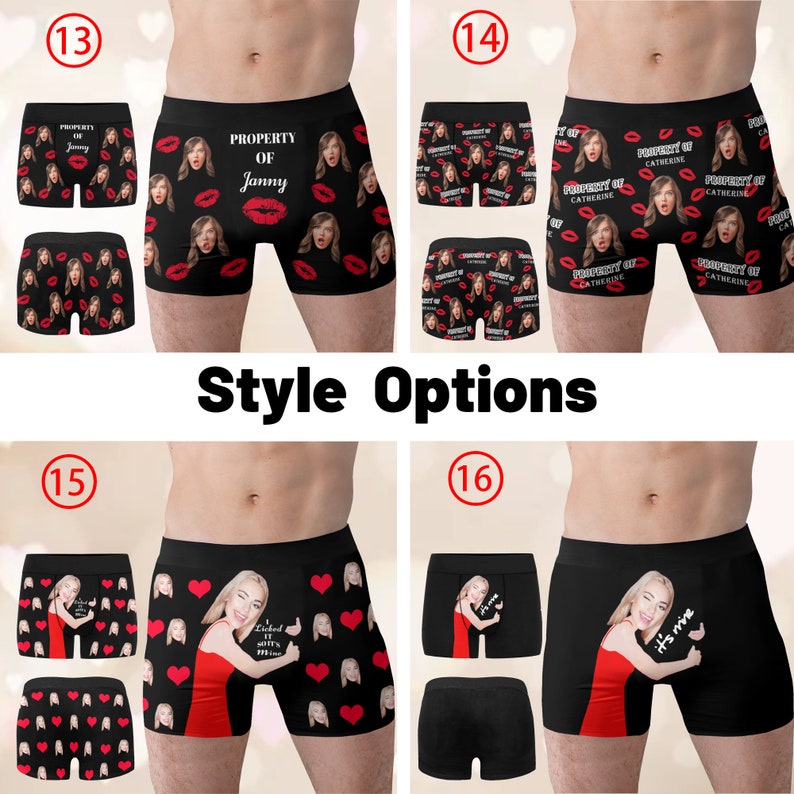 Peut inclure: Quatre styles diff&eacute;rents de boxers noirs avec un imprim&eacute; de c&oelig;ur ou de l&egrave;vres rouge et une photo personnalis&eacute;e. Le texte sur les boxers indique "Propri&eacute;t&eacute; de" et le nom de la personne sur la photo.