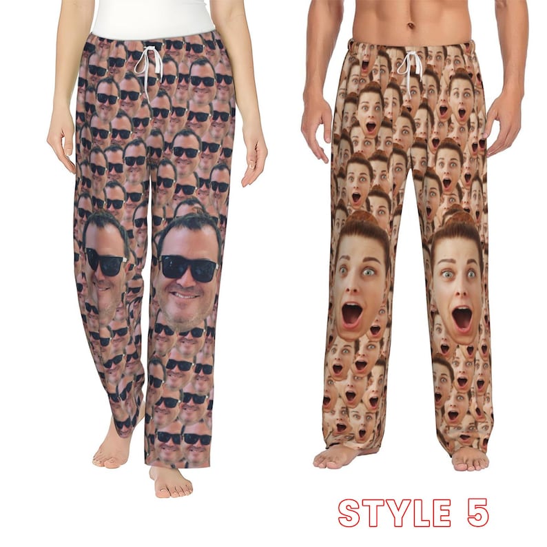 May include: A pair of brown pyjama trousers with a pattern of repeated faces. The trousers have an elastic waistband and a drawstring.