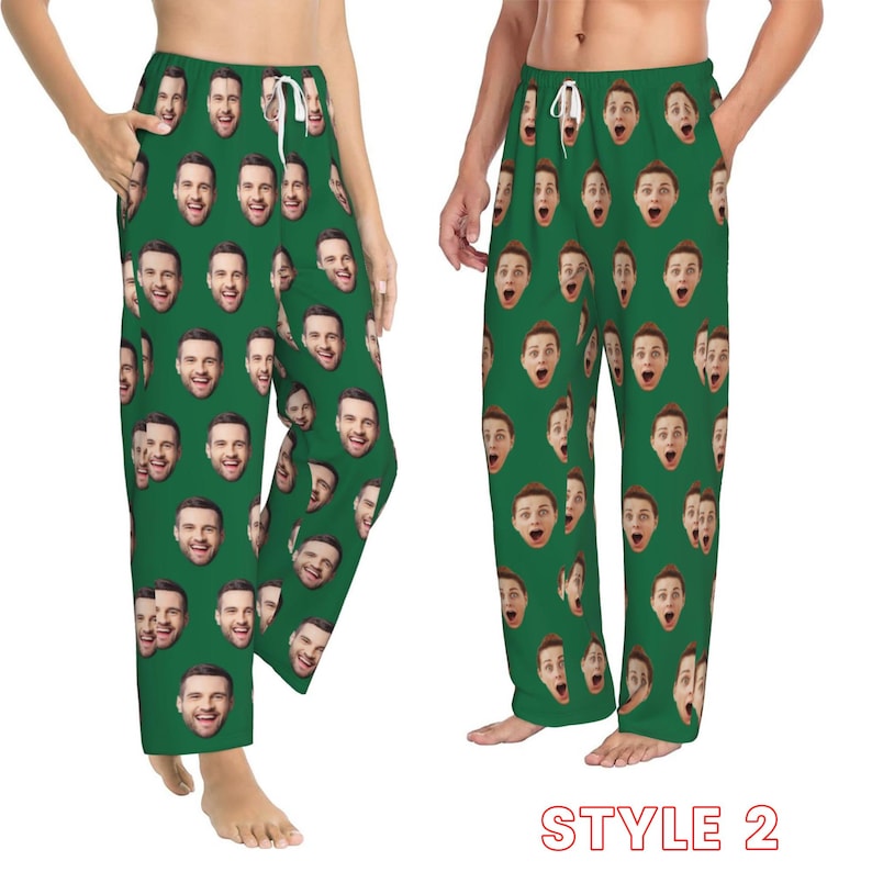 May include: Green pyjama trousers with a repeating pattern of faces. The text "STYLE 2" is printed at the bottom of the image.