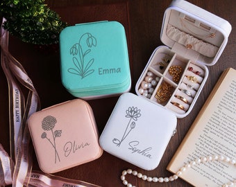 Custom Engraved Jewelry Box Travel Jewelry Case Personalized Birth Flower Jewelry Box Bridesmaid Gift Name Jewelry Box Gifts for Mom,Her