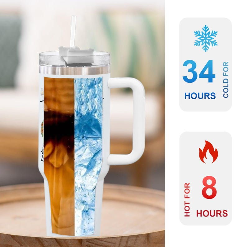 Puede incluir: Taza de viaje de acero inoxidable blanca con asa y tapa. La taza tiene un dise&ntilde;o de hielo y fuego en el lateral. La taza mantiene las bebidas fr&iacute;as durante 34 horas y calientes durante 8 horas.