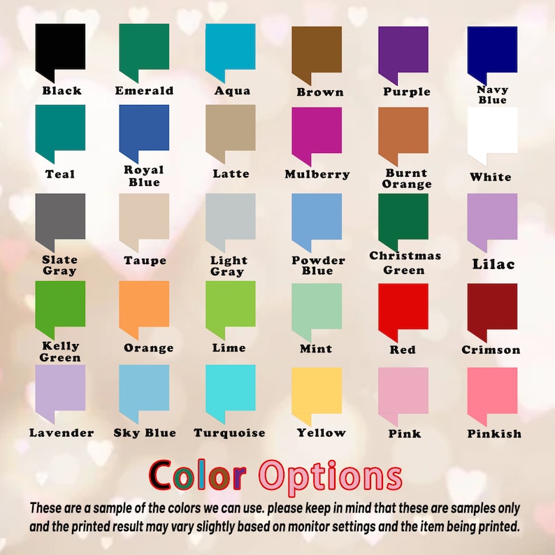 Peut inclure: Un nuancier de 24 couleurs avec le nom de chaque couleur. Les couleurs incluent le noir, l'&eacute;meraude, l'aqua, le brun, le violet, le bleu marine, le bleu sarcelle, le bleu royal, le latte, le m&ucirc;rier, l'orange br&ucirc;l&eacute;, le blanc, le gris ardoise, le taupe, le gris clair, le bleu poudre, le vert de No&euml;l, le lilas, le vert kelly, l'orange, le vert citron, la menthe, le rouge, le cramoisi, la lavande, le bleu ciel, la turquoise, le jaune, le rose et le rose p&acirc;le.