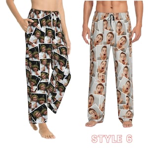May include: A pair of pyjama trousers with a unique design featuring a repeated pattern of faces. The trousers are available in a light grey colour and have a drawstring waistband.