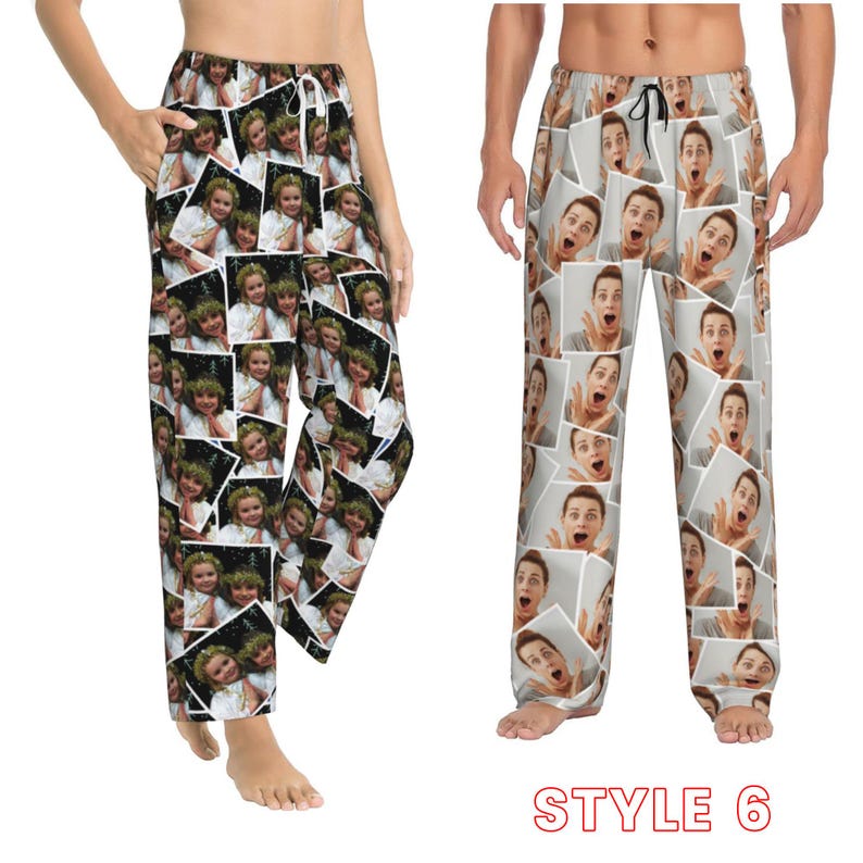 May include: A pair of pyjama trousers with a unique design featuring a repeated pattern of faces. The trousers are available in a light grey colour and have a drawstring waistband.
