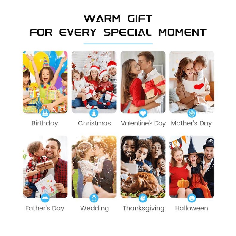 Peut inclure: Un collage d'images repr&eacute;sentant diff&eacute;rentes occasions et f&ecirc;tes, notamment les anniversaires, No&euml;l, la Saint-Valentin, la f&ecirc;te des m&egrave;res, la f&ecirc;te des p&egrave;res, les mariages, Thanksgiving et Halloween. Chaque image pr&eacute;sente des personnes c&eacute;l&eacute;brant avec des cadeaux et des d&eacute;corations.