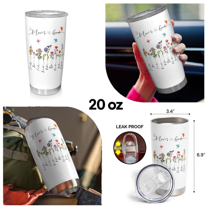 Puede incluir: Un vaso de acero inoxidable blanco de 20 onzas con una tapa a prueba de fugas. El vaso tiene un dise&ntilde;o floral con el texto "Mom's Garden".