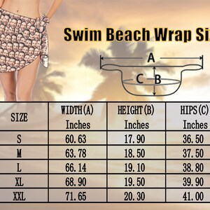 May include: A size chart for a swim beach wrap, showing the width, height, and hips measurements in inches for sizes S, M, L, XL, and XXL.