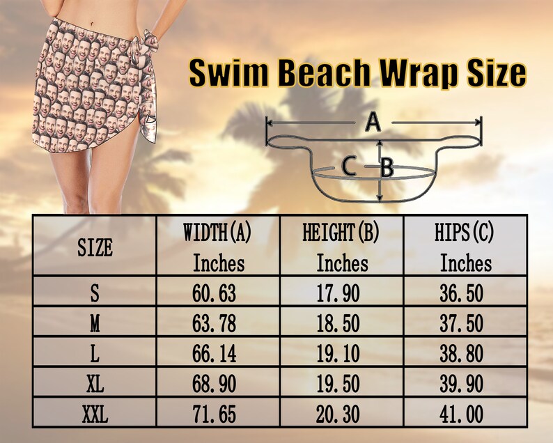 May include: A size chart for a swim beach wrap, showing the width, height, and hips measurements in inches for sizes S, M, L, XL, and XXL.