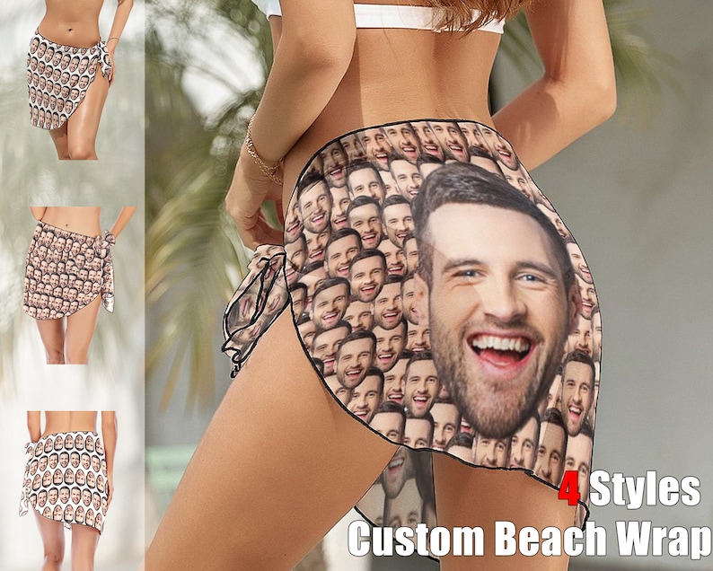 May include: A white beach wrap with a pattern of repeated faces. The wrap is tied around the waist and has a fringe on the bottom. The text "4 Styles Custom Beach Wrap" is visible at the bottom of the image.