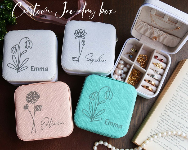 Custom Jewelry Box Travel Jewelry Case Personalized Birth Flower Jewelry Box Bridesmaid Gift Jewelry Box Name Jewelry Box Gifts for Mom,Her image 1