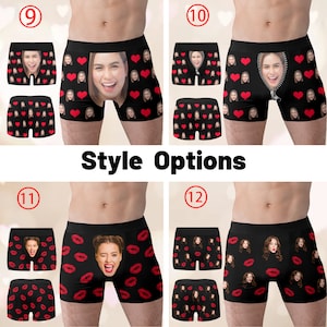 Peut inclure: Quatre paires de boxers noirs avec diff&eacute;rents motifs. Les motifs comprennent des c&oelig;urs, des l&egrave;vres et une fermeture &eacute;clair. Chaque paire porte un num&eacute;ro imprim&eacute; en haut &agrave; gauche, 9, 10, 11 et 12.