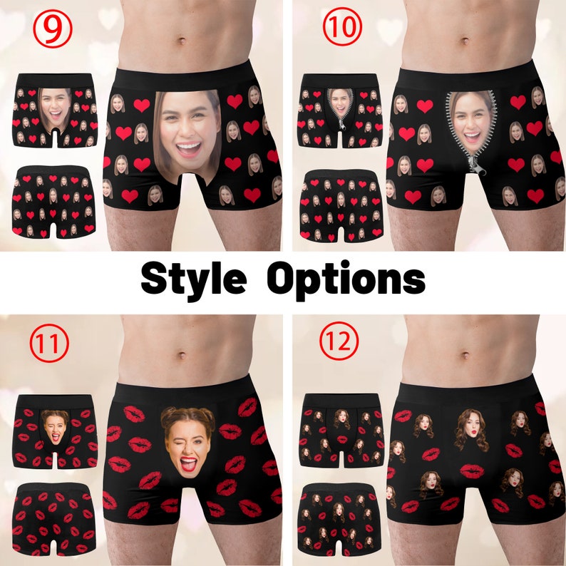 Peut inclure: Quatre paires de boxers noirs avec diff&eacute;rents motifs. Les motifs comprennent des c&oelig;urs, des l&egrave;vres et une fermeture &eacute;clair. Chaque paire porte un num&eacute;ro imprim&eacute; en haut &agrave; gauche, 9, 10, 11 et 12.