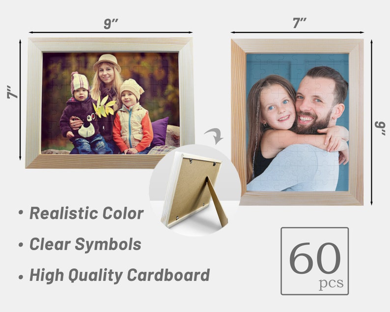 May include: A 60-piece jigsaw puzzle in a wooden frame with a photo of a family. The puzzle is 7 inches by 9 inches.