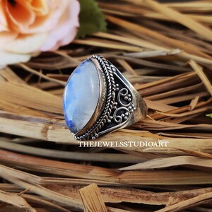Rainbow Moonstone Ring, Sterling Silver Ring, Marquise Gemstone Ring, Statement Ring, Rings For Women, Handmade Ring, Boho Ring, Dainty
