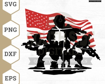 May include: Silhouette of four soldiers standing in front of a waving American flag. The soldiers are holding rifles and are standing in a line. The flag is red, white, and blue.